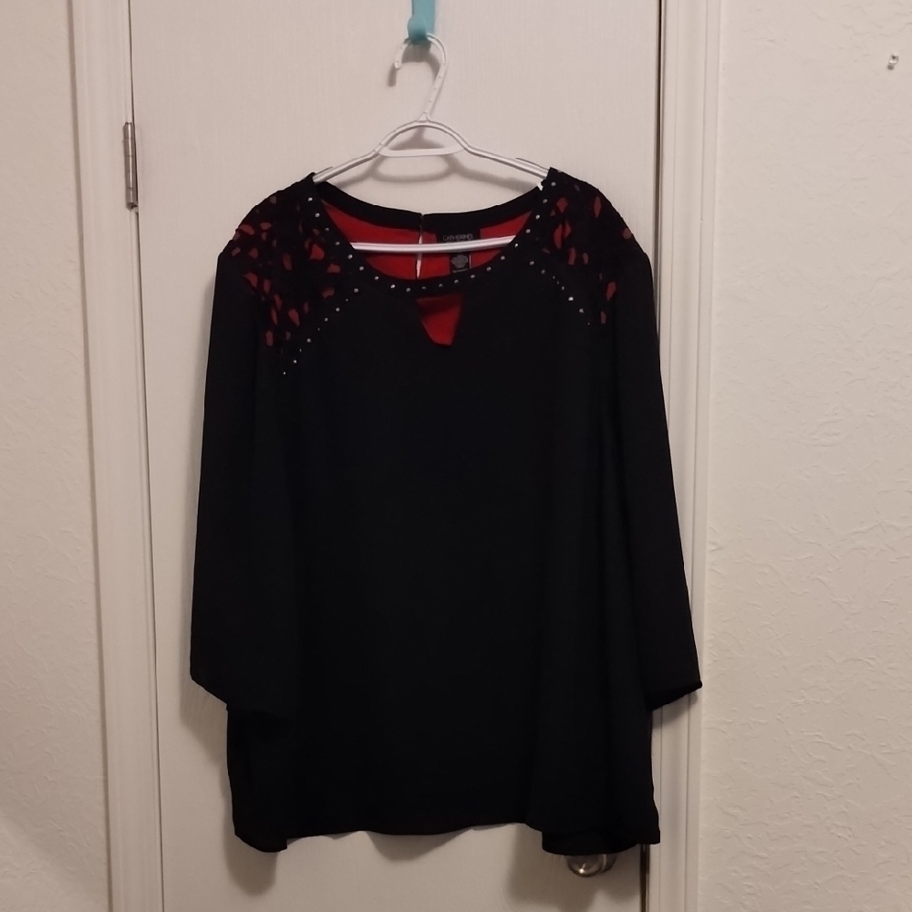 Catherines Black Tunic with Red Lace Insets and Stud Detail